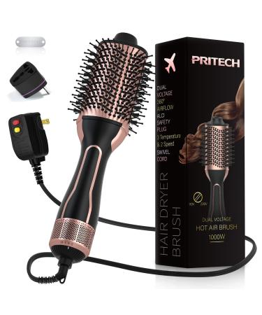 Dual Voltage Hair Dryer Brush PRITECH Hot Air Brush 110V-120V/220V-240V Ionic 1000W Blow Dryer Brush 4 in 1 Styler One Step Volumizer Styling Brush for Straight and Curling Hair Salon Black