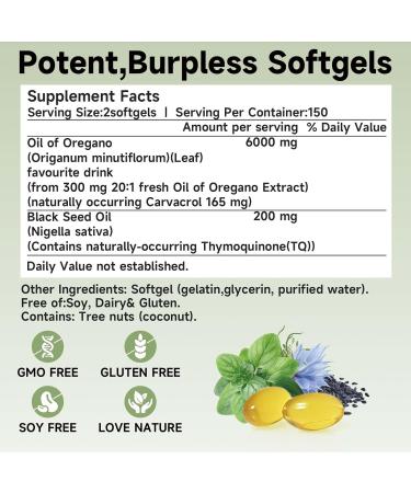 6000mg Oil of Oregano with Black Seed Oil Softgels High Potency Carvacrol Immune Defense & Digestive Comfort Vegan Non-GMO Formula Supplement for Adults 1 Count (Pack of 300) - Buy Online on GoSupps.com