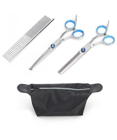 Dog Grooming Scissors Set 3PCS Blue Stainless Steel Pet Beauty Scissors with Storage Bag Pets Grooming Shears with Safety Round Tip for Pet Hair Fur Care (Thinning Shears Curved Scissor Comb)