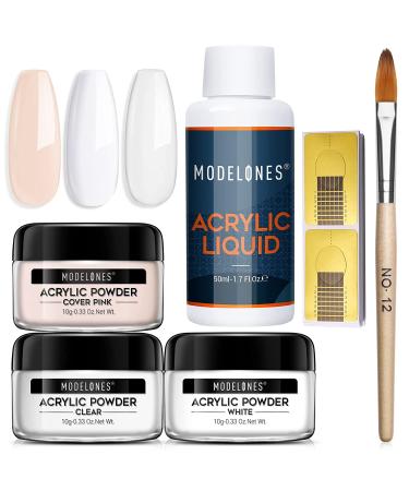 Modelones Acrylic Nail Kit  Acrylic Powder and Liquid Monomer  Acrylic Nail Powder with Acrylic Nail Brush Nail Form  3 Colors Clear White Pink Acrylic Nail Starter Kit for Nail Extension  3D Manicure Nude