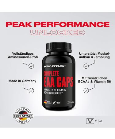 Body Attack Complete EAA Caps - Vegan High-Dose Amino Acids for Muscle Building - 120 Sugar-Free Capsules with Lysine & Tryptophan - Optimal Post-Workout Support - Buy Online on GoSupps.com