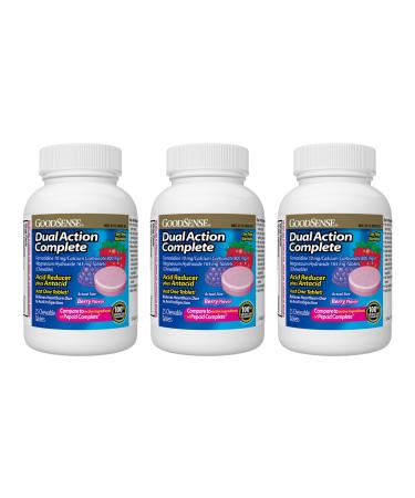 GoodSense Dual Action Complete Chewable Acid Reducer and Antacid Tablets Berry Flavor Helps to Relieve Heartburn Due to Acid Indigestion 25 CT (Pack of 3) Berry 25 Count (Pack of 3)