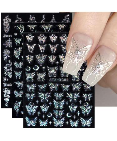 3D Laser Silver Butterfly Nail Stickers Spring Nail Art Stickers Punk Metallic Aurora Silver Black Butterfly Nail Decals Snake Butterfly Stickers for Nails DIY Women Nail Accessories Nail Decor  6pcs