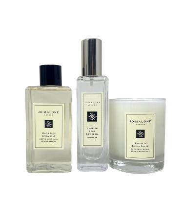 Jo Malone London Limited Edition Essentials Trio - English Pear & Freesia Cologne - Wood Sage & Sea Salt Gel Moussant - Peony & Blush Suede Candle - Travel Size - Buy Online on GoSupps.com