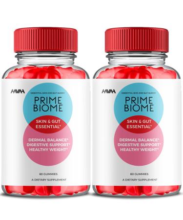 (2 Pack) Prime Biome Gummies PrimeBiome Skin & Gut Support Gummy Formula PrimeBiome Overall Health & Wellness Vitamin B12 B6 Folic Acid Support Supplement Prime Biome Advanced Formula (120 Gummies)