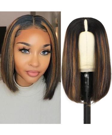 Goldfinch Ombre V Part Bob wig Human Hair Highlight Blonde Straight V Part Bob Wig No Leave Out Upgrade U Part Wig Clips In Half Wig For Women Beginner Friendly 12 Inch 150% Density 12 Inch FB30 v part bob wig