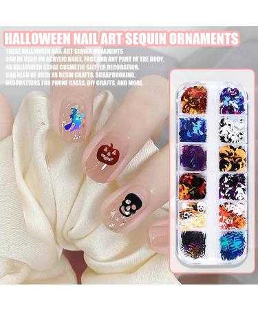 Halloween Nail Sequins 1 Box 12 Grids Ghost Witch Skeleton Spider Pumpkin Cat Nail Glitter Flakes Halloween Skull Nail Art Glitter Nail Accessories for Women Girls Nail Art Design Decoration - Buy Online on GoSupps.com