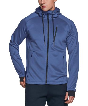 TSLA Men's Full Zip Up Hoodie Jacket, Long Sleeve Performance Training Hoodie, Lightweight Workout Running Track Jackets Chest Pocket Fullzip Dusty Blue Medium