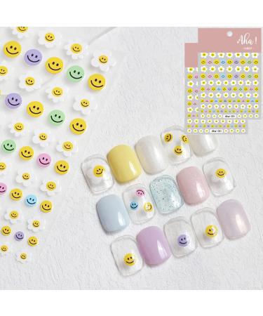 Flower Smiley Nail Art Stickers Decals Cute Smile Flowers Face Nail Art Sticker 3D Self Adhesive DIY Design Fashion Trend Glamour Decoration Accessories for Ladies Girls Kids (2 Sheets)