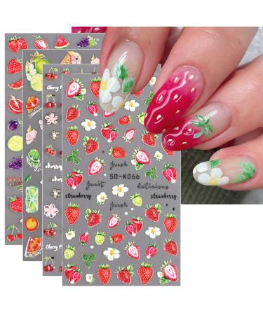 JMEOWIO 3D Embossed Fruit Strawberry Lemon Nail Art Stickers Decals Self-Adhesive Pegatinas U as 5D Spring Summer Nail Supplies Nail Art Design Decoration Accessories 4 Sheets