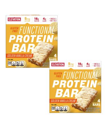 2 PACK DELICIOUS Functional Protein Bar 4 Bars Golden Vanilla Flavor Gluten Free 19g Protein MCT & Omega-3 Oils for Focus Guarana Caffeine for Energy Fortified with Essential Vitamins & Minerals