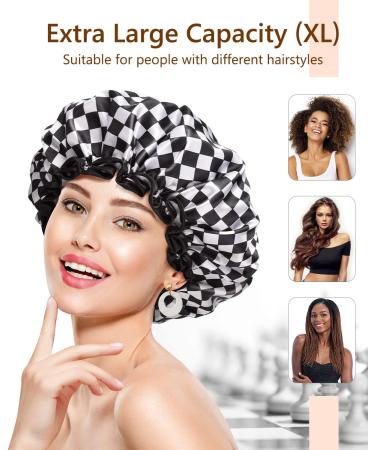 mikimini Reusable Waterproof Double Layer Shower Cap for Women - XL Checkerboard - Non-Fading & Stretchy - Ideal for Long Hair - 1 Pack - Buy Online on GoSupps.com