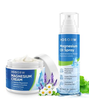 AOSORW Magnesium Cream & Magnesium Oil Spray Bundle Topical Magnesium Set for Muscle Relief & Sleep Support With Herbal Extracts & Fast Absorption 4.2oz Cream + 4.8oz Spray (Pack of 2)