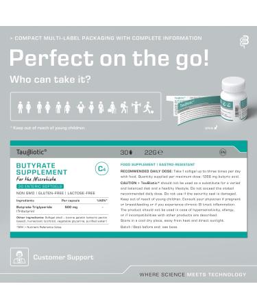Taubiotic by Redoxbox - Butyrates 500 mg Dietary Supplement for Gut Health - 30 Enteric Soft Capsules - Buy Online on GoSupps.com