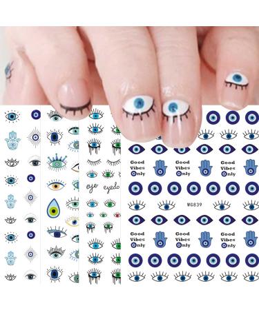 Evil Eye Nail Art Stickers Decals 7 Sheets Self Adhesive Pegatinas Uas Turkish Blue Eye Hamsa Hand Eye of Fatima Cartoon Charms Design Manicure Tips Nail Decoration for Women Girls Gift Evil Eyes
