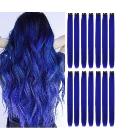 16Pcs Colored Clip in Hair Extensions 22 Inch Colorful Highlights Hairpieces Straight & Long Heat-Resistant Synthetic Hair Accessories for Kid Girls Women Party Hair Decor (16Pcs-Blue)