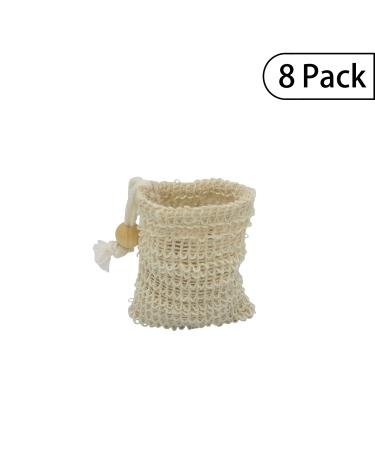 Bleu Bath (8 Pack) MINI Sisal Ramie Soap Saver Bag in 100% Natural and Organic Luffa Loofa Scrubber Exfoliating Loofah Pouch with Drawstring and Wooden Bead Holder