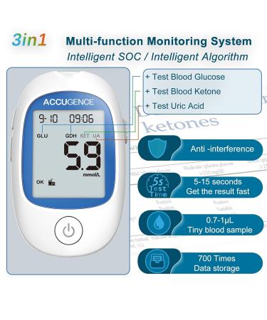 ACCUGENCE 3in1 Multifunction Test Kit | Blood Glucose, Uric Acid, Ketone Test Strips | Home Self-Testing | UK mmol/L - Buy Online on GoSupps.com