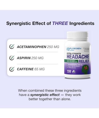 Puregen Labs Extra Strength Headache Caplets Aspirin 250 mg (NSAID) Caffeine 65 mg 150 Count - Buy Online on GoSupps.com