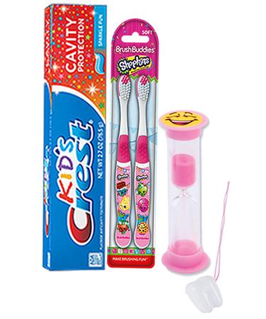 Shopkins 4pc. Bright Smile Oral Hygiene Set! Shopkins 2 Pack Manual Toothbrush, Crest Kids Sparkling Toothpaste & 2 Minute Teeth Brushing Timer! Plus Bonus"Remember to Brush" Visual Aid!
