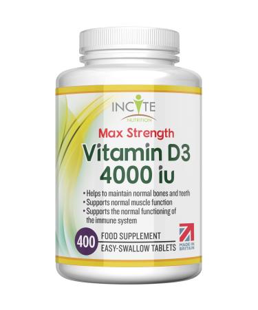 Vitamin D 4000iu - 400 Premium Vitamin D3 Easy-Swallow Micro Tablets - One a Day High Strength Cholecalciferol VIT D3 - Vegetarian Supplement - Made in The UK by Incite Nutrition Vitamin D3 4000iu