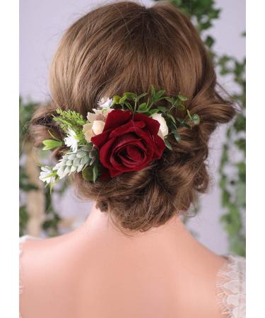 Anglacesmade Bridal Flower Hair Comb Burgundy Dark Red Rose Cream Daisy Eucalyptus Greenery Headpiece for Rustic Wedding Photo Shoot Prom Party Festival - Buy Online on GoSupps.com