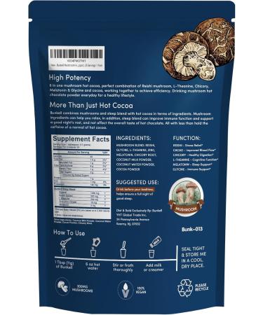 Bunkell Mushroom Hot Cocoa Adaptogenic Mushroom with Reishi L-Theanine Chicory Melatonin & Glycine Melatonin Sleep Hot Cocoa Supplement for Sleep and Stress Support 25 Servings 1 Pack - Buy Online on GoSupps.com