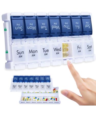 Mericargo Pillendose for the week easy to fill twice a day easy to fill large pill box for 7 days in the evening medical organizer piling-like pill can for vitamin fish oil blue