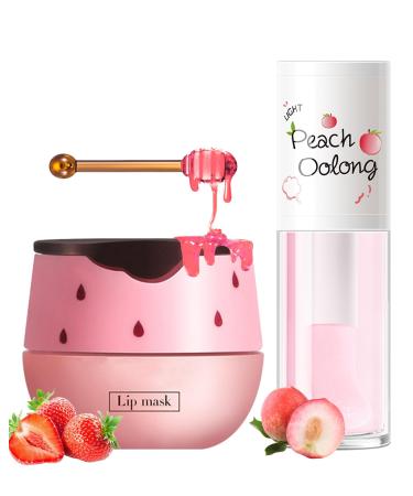 Lestpola 2 stuks Strawberry Lip Balm Honey Pot Lip Mask & Hydrating Lip Glowy Oil Lip Care Set lippen Moisturizing Treatment Nourishing Lipgloss Scrub Exfoliator Reduce Lip Line & Plump Dry Cracked Lipset B