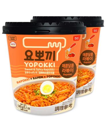 Yopokki Sweet  Mild Spicy Rabokki Cup I Ramen Noodle Tteokbokki Topokki Rice Cakes (Sweet  Mild Spicy Flavored Sauce 2 Cup) Korean Snack