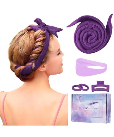 Lock winder curls without heat improved 60 "Extra -long Heatless Curls Band curlers without heat overnight Diy hair curler set hair band Wave Formers for medium long hair (purple) purple with forehead strap