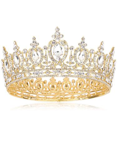 ATODEN Gold Crowns for Women Girls Crystal Crown Princess Tiara Queen Crown Rhinestone Full Round Tiara Gold Headpiece Jewelry Hair Accessories for Wedding Birthday Decorations Party Prom Bridal