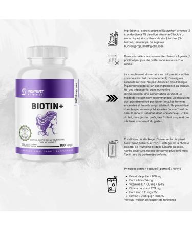Biotin Plus - Support for Hair Skin and Nails - Horsetail Vitamin C Zinc and Biotin - 100 Capsules - Food Supplement without Additives INSPORT Nutrition - Buy Online on GoSupps.com