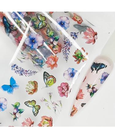Nail art - transfer foil - transparent - colorful butterflies and flowers - 1400-343