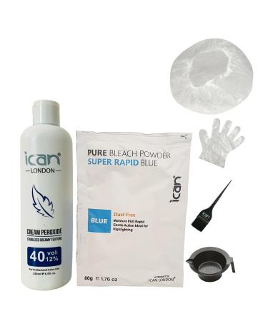 Full hair bleaching kit cream peroxide 40 vol 250ml + blue bleach 80 g + bowl + brush + gloves + cap