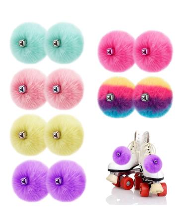 Roller Skate Pom Poms with Bells - 12pcs Tie-on Ice Skate Pompom Puff Balls, Fluffy Faux Rabbit Fur Quad Roller Skate Accessories with Shoelace for Women Girls Kids Adult (3.1", 6Colors)