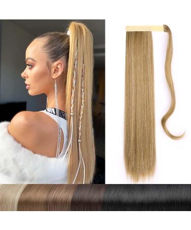 Long straight ponytail extension Magic Paste-Horse-horses extension Wrap Around 22 inches (58cm) synthetic hair part-dark blonde mix blonde m27/613# 110 grams 22inch (56cm) -110g dark blonde mix blonde m27/613#