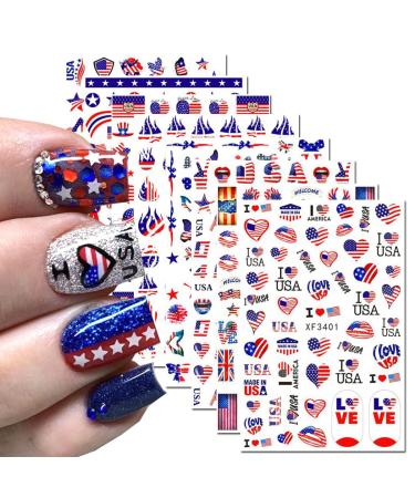 8 Sheets Independence Day Nail Art Stickers 3D 4th of july Nail Decals Independence Day Nail Art Supplies Flag Patriotic USA Heart Star Nail Design I Love America for Memorial Day DIY Nail Decorations