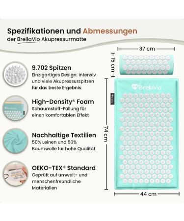 BRELLAVIO Acupressure Massage Mat with Pillow - Pastel Turquoise Acupuncture Relief for Back Neck Shoulders & Feet - Ultimate Relaxation & Tension Relief - Buy Online on GoSupps.com