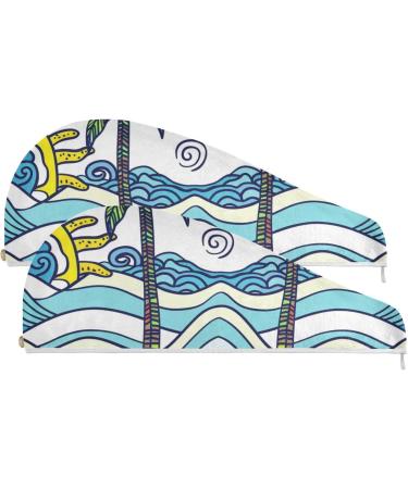 Sun Sea Coconut Tree Hair Towel 2 Pack | Super Absorbent Quick Dry Hair Turbans for Women & Girls - Buy Online on GoSupps.com