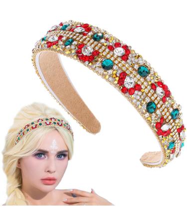 Flayem Rhinestone Red Headband Crystal crown Headband Padded Wide Baroque Hair Band Hoop Gorgeous Hair Accessories for Women and Girls (Red Green)