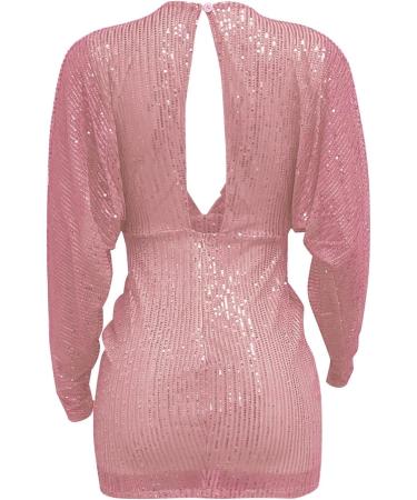 Shop Hanxiulin Women's Vintage Party Dress High Waist Sequin Mini Dress in Pink XXL | Long Sleeved Tunic Style - Buy Online on GoSupps.com