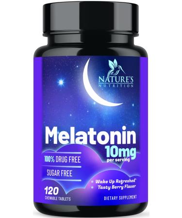 Melatonin Sleep Supplement 10mg - Maximum Strength 100% Drug Free Non-Habit Forming - Best Sleep Supplements for Adults Restful Sleep - Fast Dissolve Melatonin Berry Flavored - 120 Chewable Tablets 120 Count (Pack of 1)