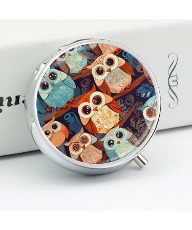 Round Pill Box - Anime Owl Print | 3 Compartment Portable Medicine Organizer | Decorative Metal Pocket Pill Case - Buy Online on GoSupps.com