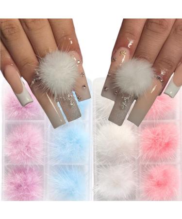 12 PCS 3D Magnetic Nail Art Charms Fluff Balls Nail Charms 2 Boxes Pom Pom Nail Art Supplies Removable Soft Plush Design Accessories Colorful Fluff Balls Nail Decorations for Acylic Nails