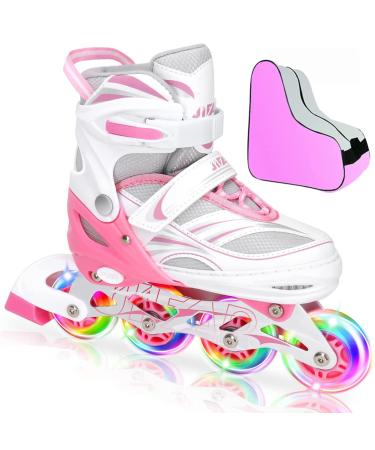JeeFree 4 Size Adjustable Inline Skate for Kids with Skate Storage Bag,Children's Inline Skates with Full Light Up Wheel,Outdoor Illuminating Roller Blades Skates for Girls,Boys and Beginners Pink-1 Medium