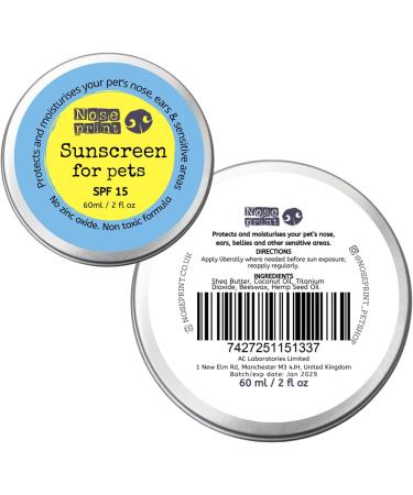 Noseprint Spf 15 Sun Protection Balm For Pets 60 Ml Eco Tin | Moisturising Sunscreen For Dogs An Cats | Non Toxic Formula Dog Nose Balm Dog Paw Balm Sun Cream Balm | Dog Sun Protection | Made In Uk - Buy Online on GoSupps.com