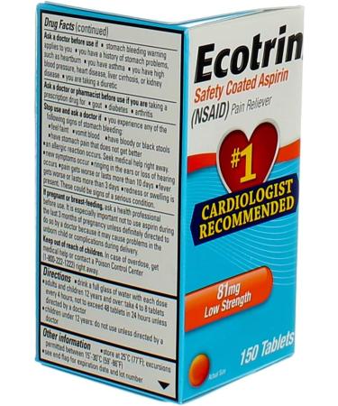Ecotrin Low Strength Safety Coated Aspirin 81mg - 150 Tablets (4 Pack) | Buy NSAID Online | International Shipping Available - Buy Online on GoSupps.com
