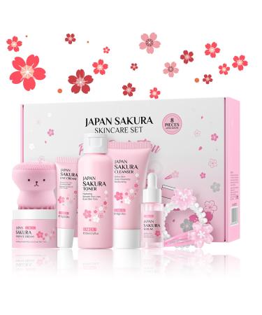Skin Care Set Women Beauty Gift Set Japanese Sakura Skin Care Sets & Kits - Cleanser Toner Serum Face Cream Eye Cream Hair Pin Hair Rope Facial Cleansing brush Gift Set for Teenage Girls