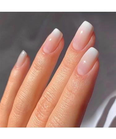 Qsnidy Ombre Glossy Press On Nails Medium Length Square Acrylic False Nails - French Full Cover Design for Women and Girls | 24 Nails (12 Sizes) - Pink Ombre - Buy Online on GoSupps.com